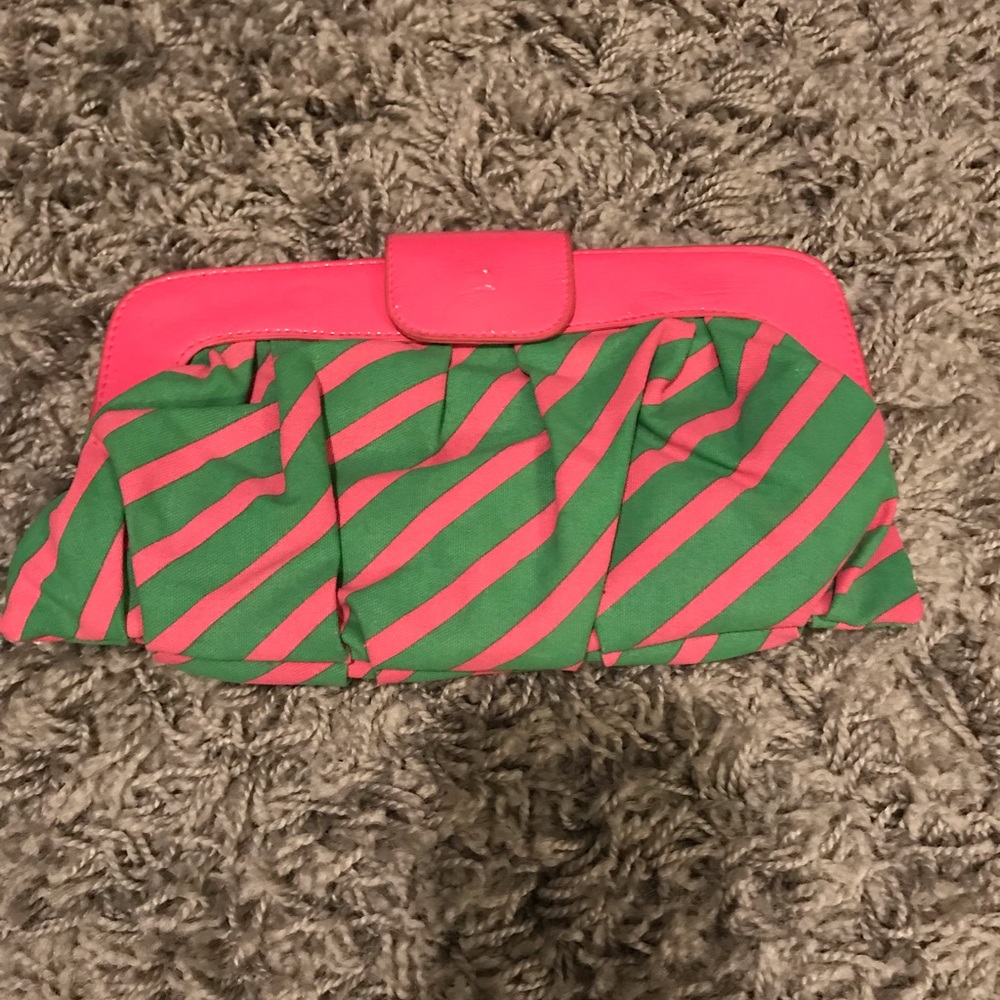 Pink and green striped clutch